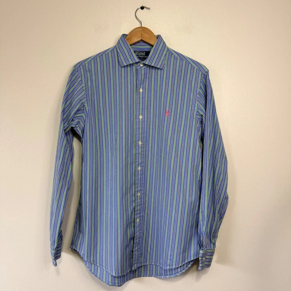 Polo Ralph Lauren Regent Custom‎ Fit Striped Button Down Shirt Blue Green Mens M